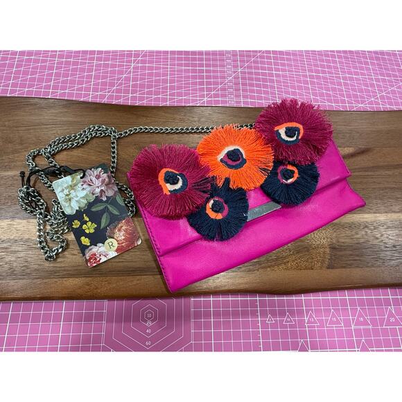 Loeffler Randall Leather Floral Fringe Clutch Bag Pink Chain Strap Y2K Designer - Picture 10 of 10